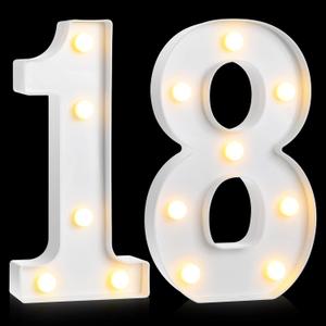 Treela 8.7'' Birthday Decorative LED Light up Numbers, Glitter Marquee Number Sign for Night Birthday Party Decorations Anniversary Bar LED Sign Backdrop Wall Table Centerpieces(18th,White)