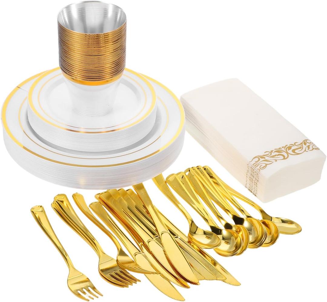 25 Sets Festive Tableware Gold Plastic Dinnerware Including Plates Cups Napkins Cutlery for Parties Weddings Birthdays Elegant Dining for Guests