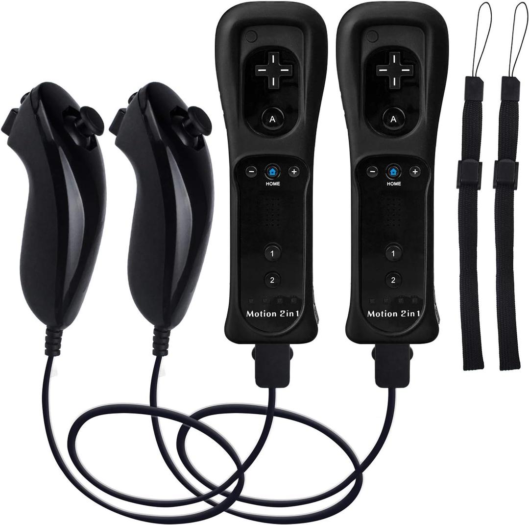 Motion Plus Wii Controllers 2Packs with Nunchucks, Wii Remote Controllers Compatible for wii and Wii U with Built in Motion Plus (2blacks)