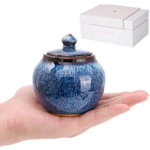Small Keepsake Urn with Memorial Box - Unique Handcrafted Blue Glaze Ceramic Urn for Human or Pet Ashes, Elegant Cremation Urn for Home Memorial, Sharing & Sympathy Gift