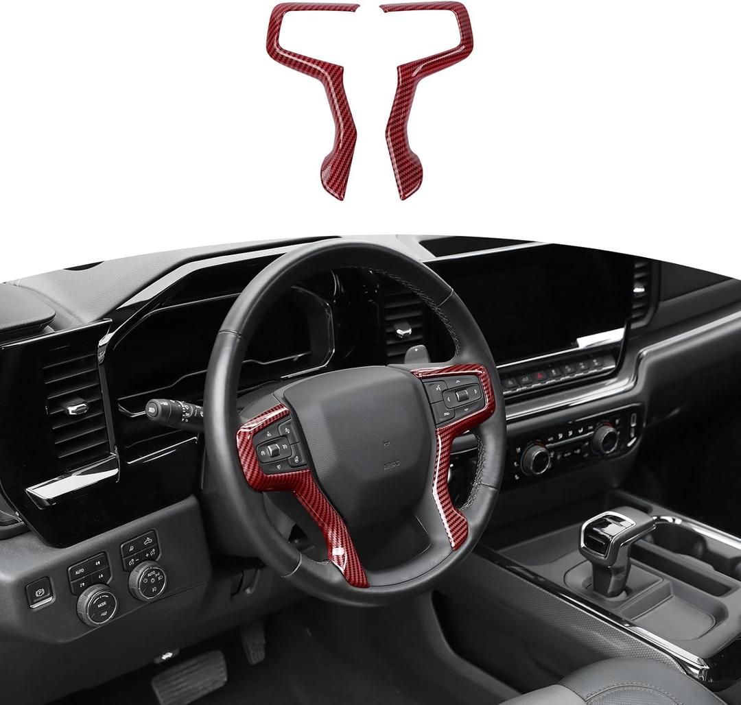 RT-TCZ for Silverado Steering Wheel Panel Trim for Chevy Suburban 2020 Up Tahoe 2021 Up Silverado 2019 Up Red Carbon Fiber Interior Accessories 2pcs