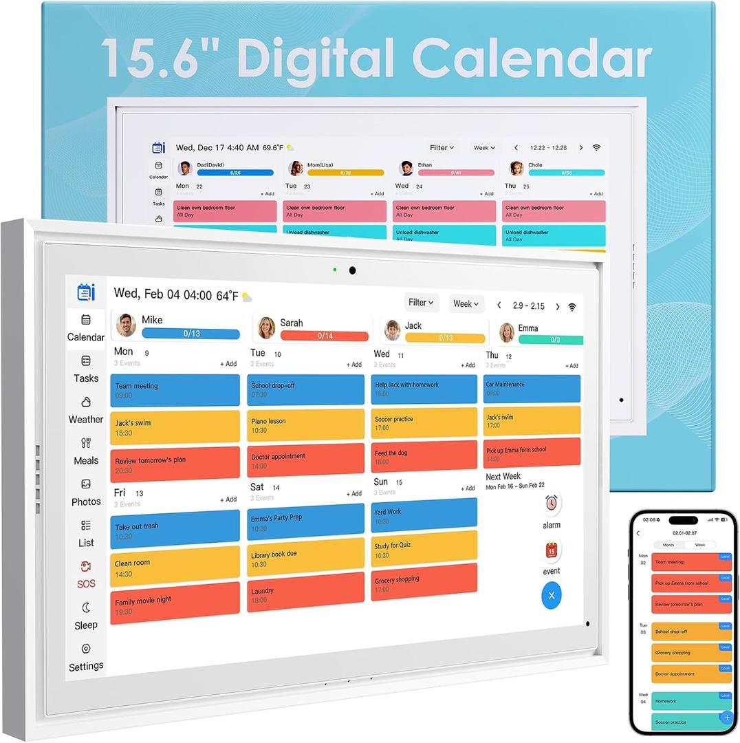15.6 Inch Digital Calendar Touchscreen, Smart Family Electronic Calendar & Wall Planner with Schedule, Chore Chart, Meal Planner, Tasks, Wall & Desk Display, Digital Picture Frame Mode, 15.6 Large Screen