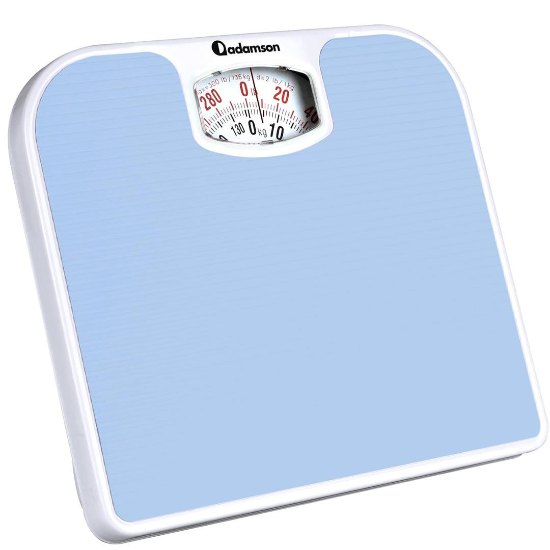 Adamson A21 Analog Scales for Body Weight - Up to 300 LB - New - Anti-Skid Rubber Surface + Large Numbers - Analog Bathroom Scale - Affordable - Durable with 20-Year Assurance - Light Blue