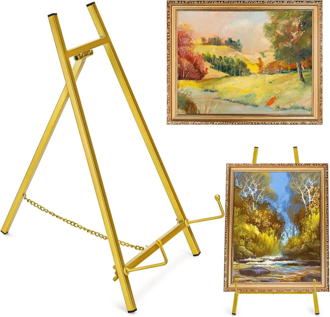 Gold Metal Easel Stand, 16" Large Picture Art Stand, Tripod Mirror Plate Stand Holder, Freestanding Tabletop Easel Stand for Wedding Sign, Display Photo, Collectibles