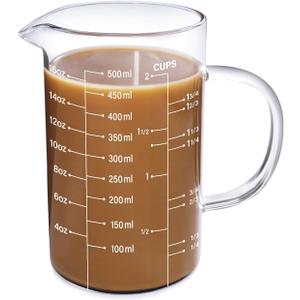 77L Glass Measuring Cup, [Insulated handle, V-Shaped Spout], High Borosilicate Glass Measuring Cup for Kitchen or Restaurant, Easy To Read, 500 ML (0.5 Liter, 2 Cup)