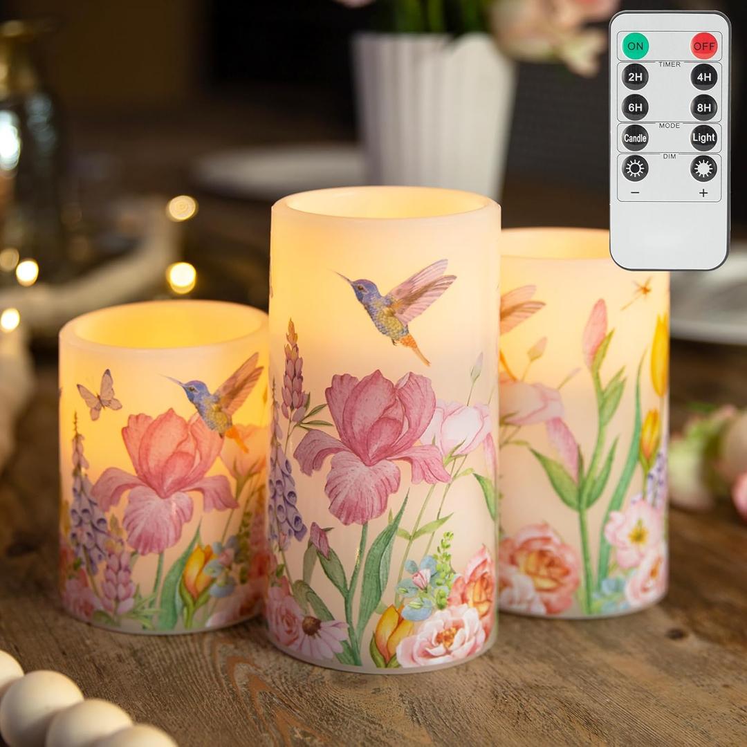 LUSHARBOR Flameless Candles with Remote, Battery Operated Candles Real Wax Hummingbird Flickering LED Candles Floral Christmas Decor Electric Pillar Candles Set of 3