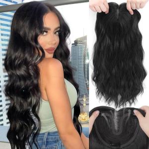 Hair Toppers for Women, 20 Inch Hand Tied Breathable Toppers Hair pieces for Women with Thinning Crown Curtain Bangs Mix Human Hair Clip in Curly Lightweight Wiglets(Black)