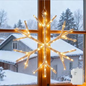 LITBLOOM Lighted Snowflake 70 Fairy Lights 14IN Battery Operated with Timer for Window Christmas Decoration Indoor Outdoor