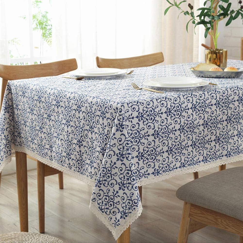 AMZALI Vintage Washable Cotton Linen Fabric Navy Damask Pattern Decorative Macrame Lace Rectangle Tablecloth Dinner Picnic Table Cloth Home Decorative Table Cover Assorted Size (36 Inch x 55 Inch) (Elegant Flower)