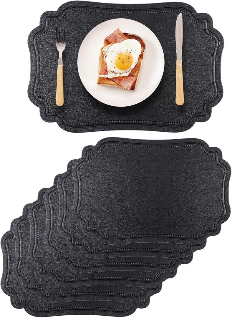 XINYUN Black Placemats Set of 6 Reversible Faux Leather Place Mat Wipeable Heat Resistant Non Slip Anti Oil Waterproof Eco-Friendly Table Mats Patio Placemats for Dining Table, Large