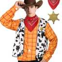 Cowboy Costume Men Yellow Plaid Shirt Vest with Neckerchief and Star Metal Badge Western Outfit Halloween Cosplay (Large)