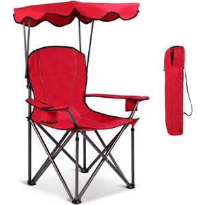 Goplus Camping Chair with Canopy Shade, Folding Lawn Chair with Umbrella Cup Holder & Carry Bag, Portable Sunshade Chair for Adults for Beach Outdoor Travel Hiking Fishing (Red)