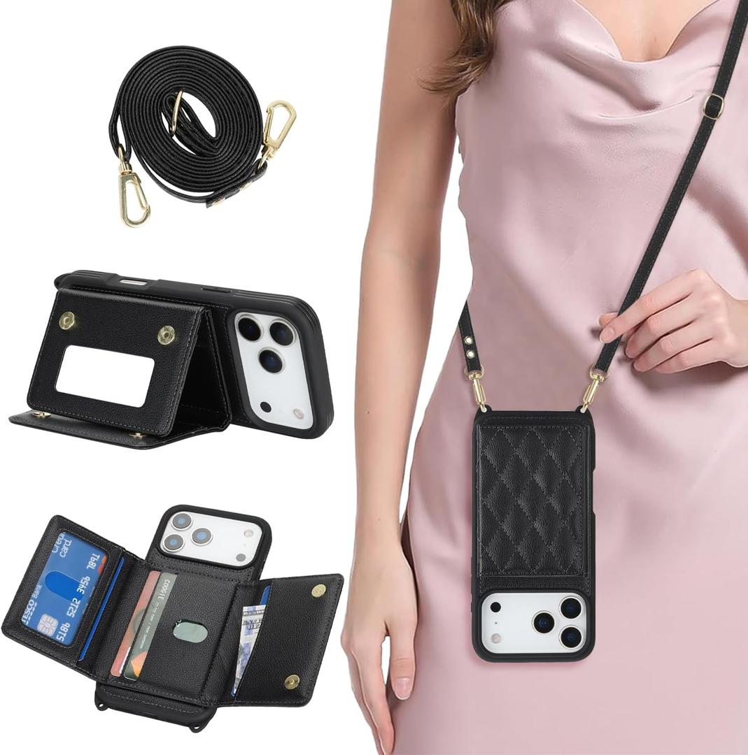 for iPhone 17 Pro Max Case with Card Holder and Strap for Women,Crossbody Lanyard, Make Up Mirror,Snap Clasp,Cute Phone Wallet Cases 6.9 inch - Black