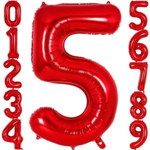 Red Number 5 Balloon 40 Inch, Big Large Foil Helium Number Balloons, Jumbo Giant Mylar Number 5 Balloons for 5 Year Old Birthday Red Party Decorations Supplies Anniversary