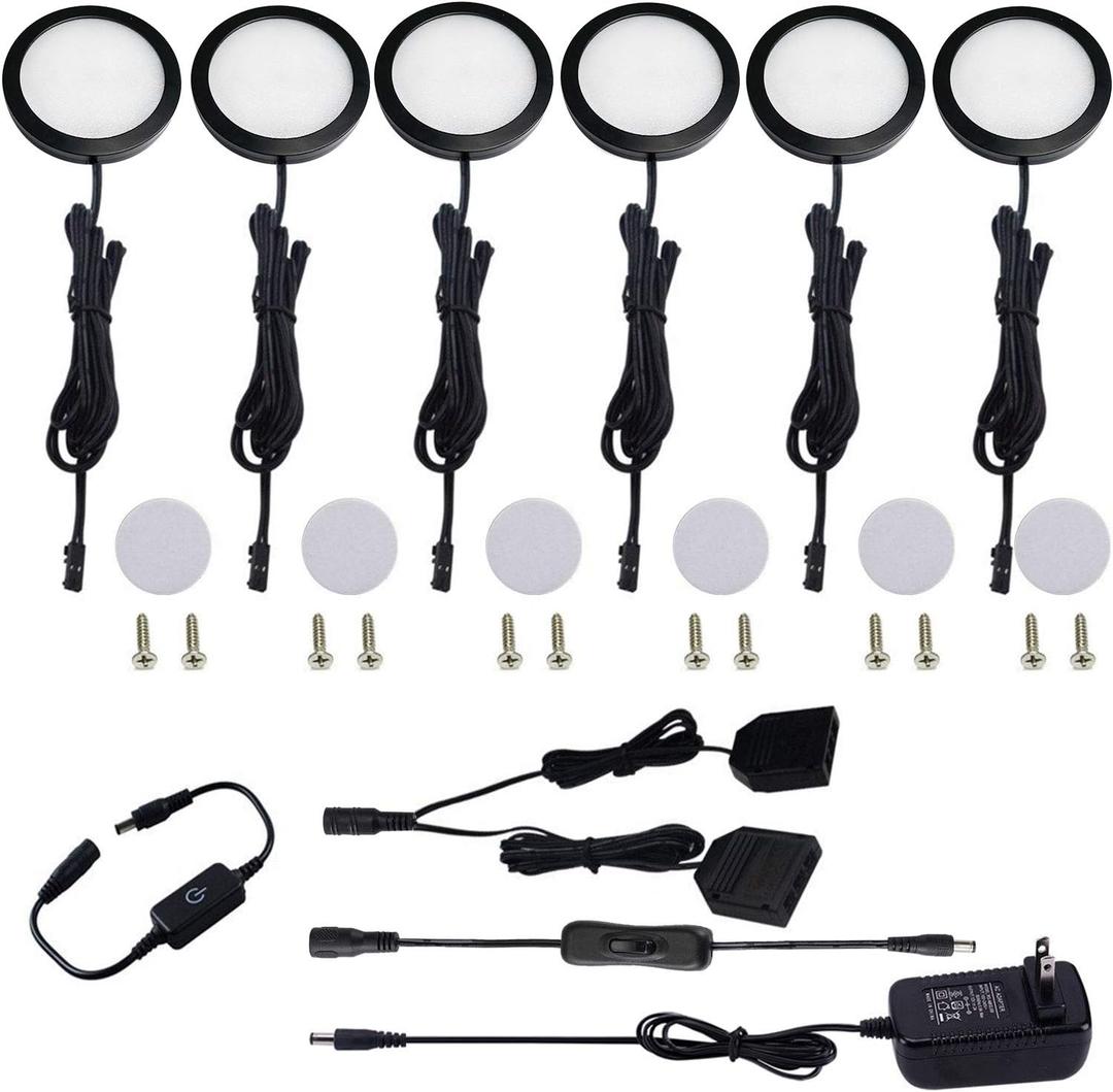 AIBOO Under Cabinet LED Black Cover Puck Lighting Kit with Touch Dimmer Switch for Kitchen Cupboard Closet Lighting (6 Lights,Daylight White)