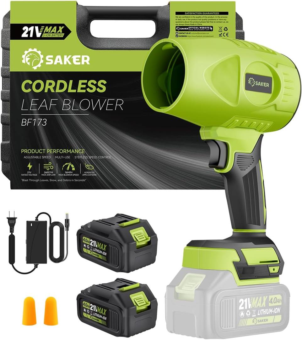 Saker Cordless Leaf Blower Handheld Turbo Jet Blower Portable Dust Cleaner 180000 RPM with Adjustable Speed for Drying Patio Cleaning Camping 2 Batteries Green with Case