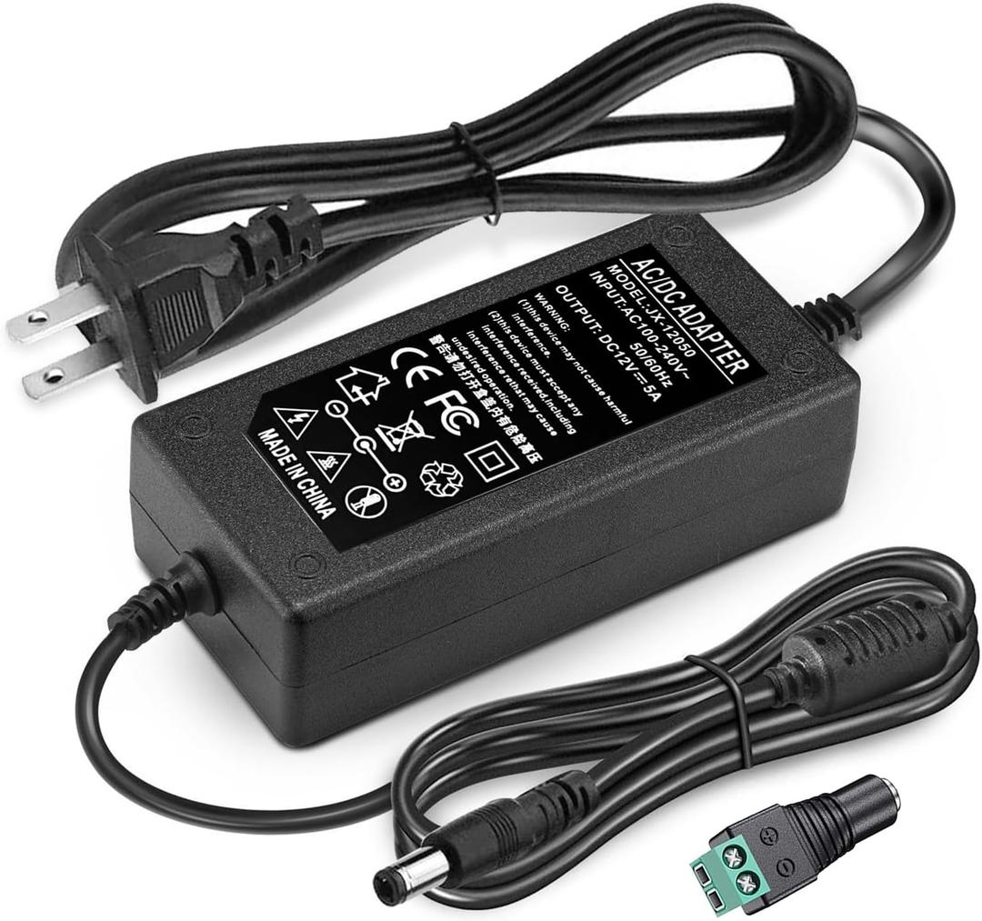 DC 12V 5A Power Supply Adapter Converter Transformer 60W AC 100-240V Input 50/60hz with 12 Volt 5 Amp 5.5x2.5mm DC Output Jack for 5050 3528 LED Strip Module Light, DVR NVR CCTV Security Cameras