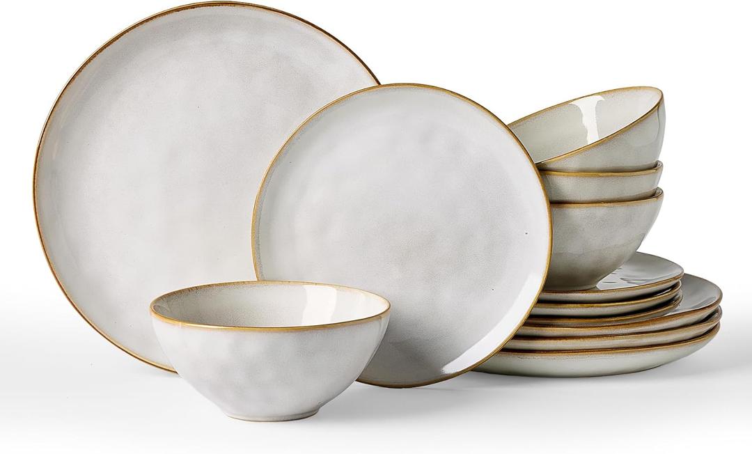 Famiware Dinnerware Sets for 4, Ocean Round 12-Piece Kitchen Plates and Bowls Sets, Reactive Glaze, Microwave and Dishwasher Safe, Scratch Resistant, Cappuccino White