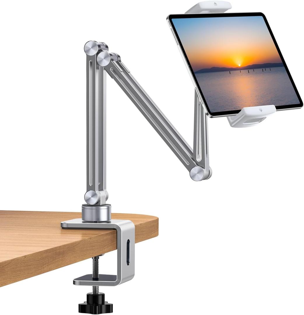 Tablet Stand Holder for Desk, Adjustable Tablet Stand with Clamp Mount, 360 Rotation Aluminum Tablets Arm Compatible with 4-12.9in Devices, Universal for Desk/Bed/Kitchen/Office (Silver)