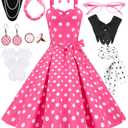 Women's 1950s Polka Dress Set Audrey Vintage-Inspired Cocktail Halter Swing Dress with Accessories 10PCS