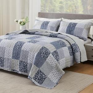 Navy Blue Gray Oversized King Bedspread Set 128x120 Extra Wide, 3 Piece Quilt Set Patchwork Plaid Bedding Set Quilted Bedspread Coverlet Set Reversible Lightweight Microfiber Bed Cover Comforter Set