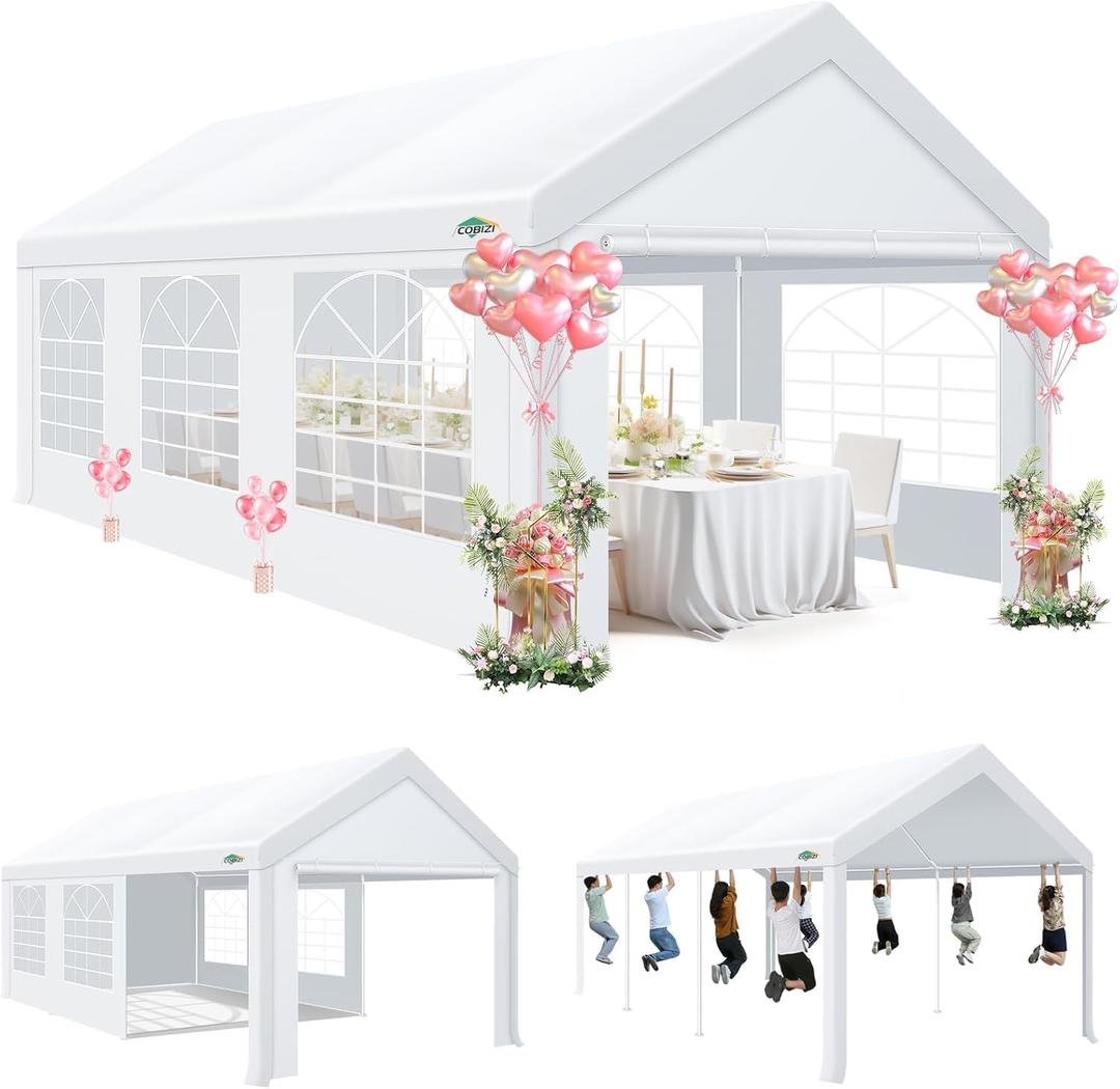 COBIZI 10x20 Tents for Parties Heavy Duty, Party Tent 10x20 with Removable Sidewalls & 4 Built-in Sandbags, Commercial Wedding Large Tent, UV 50+, Waterproof, Windproof White