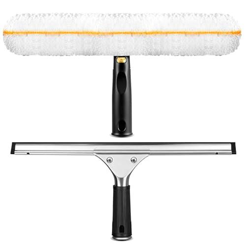 Professional Window Cleaning Squeegee Kit- 14" Squeegee & Microfiber Rotatable Window Scrubber,All-Purpose Tile Shower Walls Window Glass Car Windshield Mirrors,Reusable Microfiber Sleeve