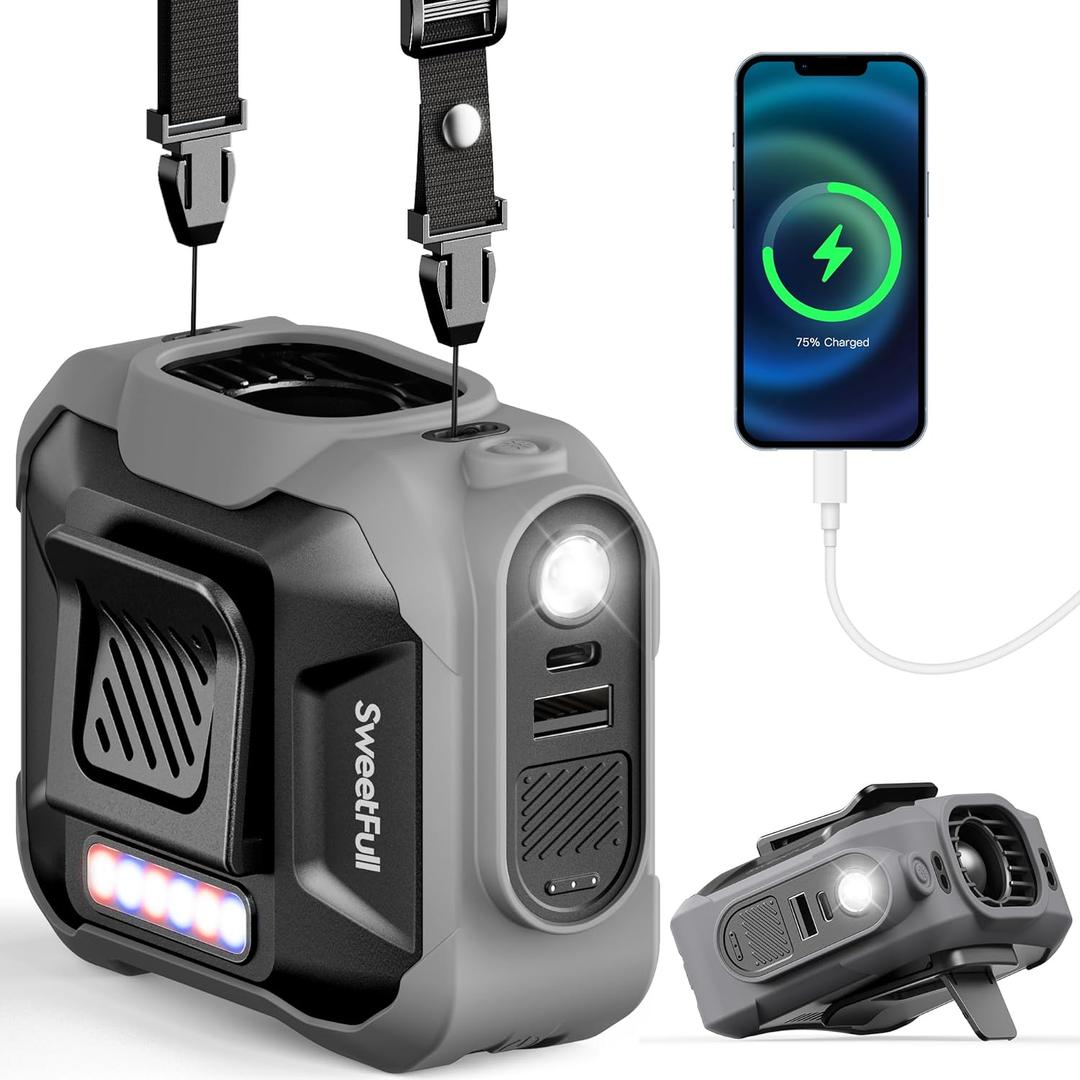 SWEETFULL Portable Waist fan, 10000mAh Personal Fan Rechargeable with Belt, 15500RPM Clip on Fan with LED SOS & Flashlight, 3 Speeds Battery operated 24H RunTime for Jobsite Outdoor Travel (Grey)