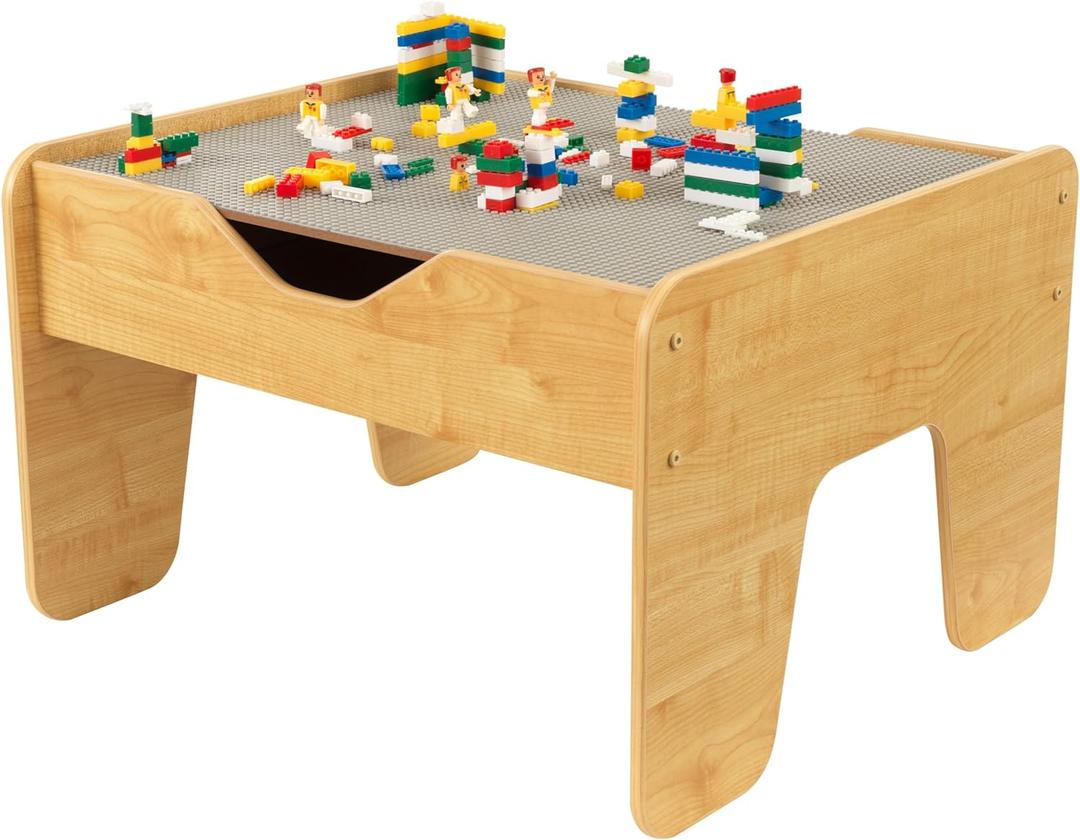 KidKraft Reversible Wooden Activity Table with Board with 195 Building Bricks  Gray & Natural, Gift for Ages 3+