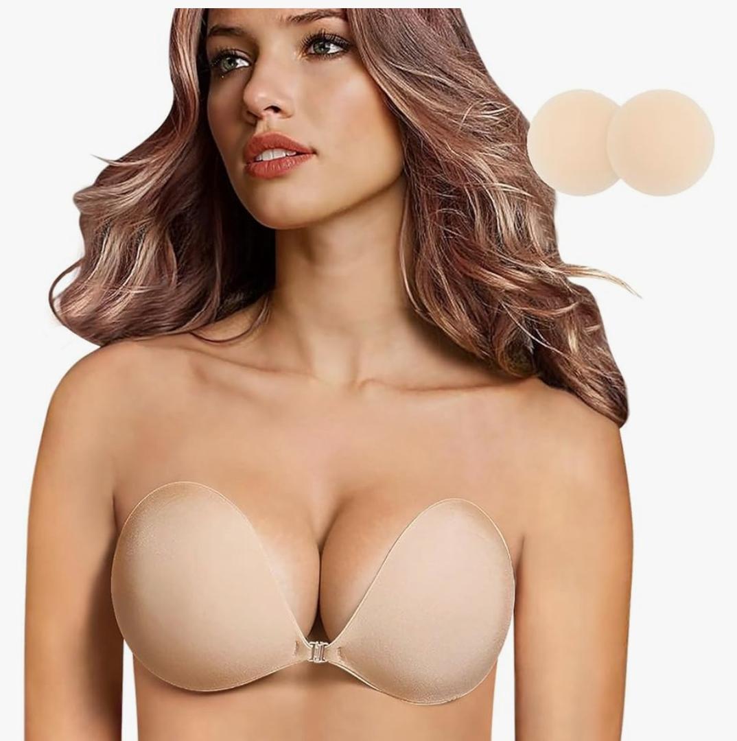 Adhesive Bra, Push-up Strapless Self-Adhesive Bra, Invisible Silicone Bra for Backless Dress Size C, Beige