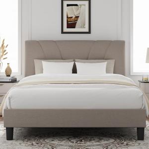 Novilla Full Size Bed Frame with Adjustable Headboard Platform Full Bed Frame with Linen Fabric Upholstered Headboard, No Box Spring Needed, Noise-Free, Wooden Slats Support, Easy Assembly, Beige