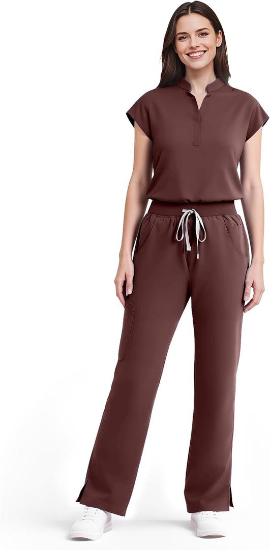 Scrubs for Women Set Soft Sleeveless Stand-Up Collar Scrub Top & Straight Leg Scrub Pant, 9 Pockets, Yoga Waistband, L