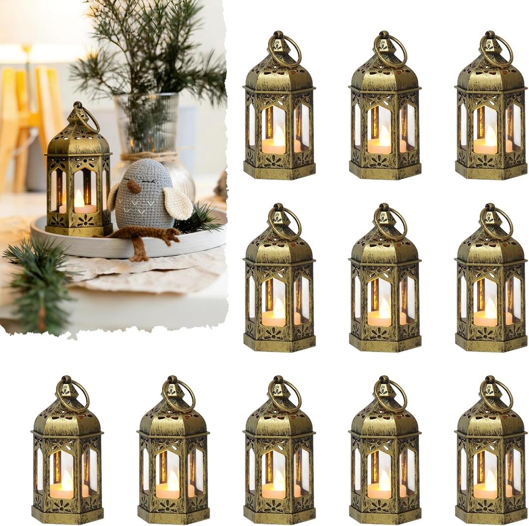 Mini Moroccan Lanterns with Flicker LED Candles Set of 12, Gold Vintage Decorative Hanging Lanterns for Ramadan, Christmas, Halloween, Wedding, Party, Table Centerpiece, ABS Plastic and Glass