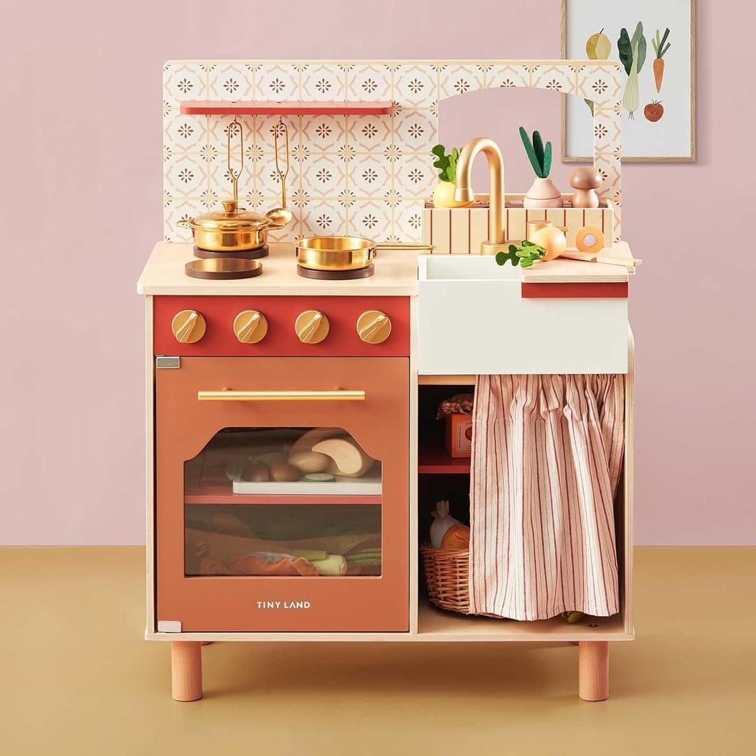Tiny Land Play Kitchen for Toddlers, Wooden Kids Kitchen Playset with Cutting Food & Cookware, Oven, Clicking Knobs, Stove and Sink, Small Kitchen Toy Gift for 1-3 Year Old Kids, Girls - Warm Retro