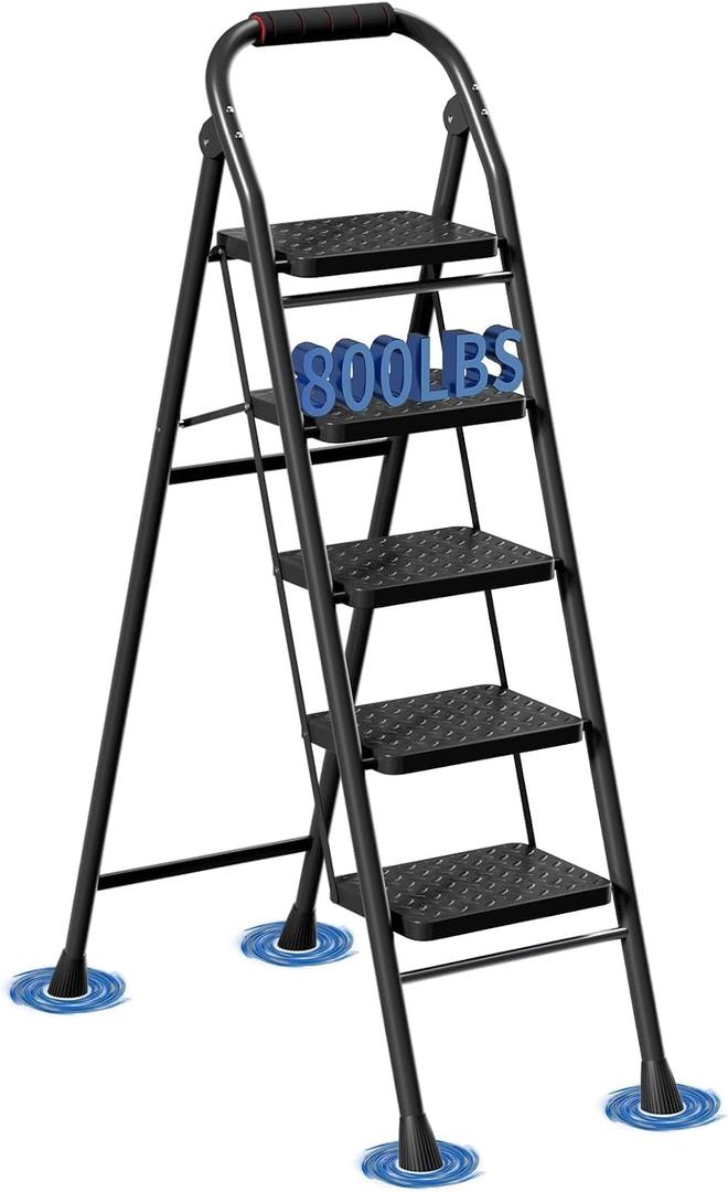 5 Step Ladder, Foldable Step Stool with Wide Anti-Slip Pedal & Thick Rubber Feet, Cushioned Handle, Safe-Lock Design, Folding Portable Ladder for Multi-Purpose, 800lb, Black