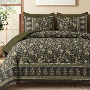 Dinjoy Comforter Set Queen Size Boho, Reversible Olive Green Bedding Floral