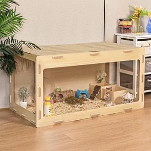 Wooden Hamster Cage Chewproof, Bigger World - 32" Large Hamster Cages and Habitats, Openable Top & 3 Side Acrylic Sheets, Small Animal Cage Pet House for Syrian Dwarf Guinea Pig Chinchilla with metal roof