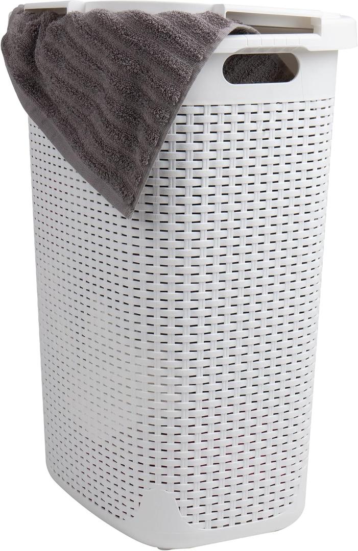 Mind Reader Slim Laundry Hamper with Lid, 60L Tall Clothes Basket, Narrow Tapered Design for Bathrooms, Closets and Laundry Rooms, Plastic, White