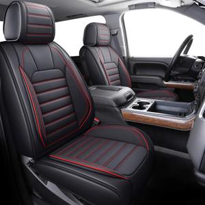 YIERTAI Compatible with Chevy Chevrolet Silverado GMC Sierra Seat Covers for 2007-2025 2026 1500/2500/3500HD Crew Double Cab Truck Waterproof Leather Car Seat Covers(5 PCS Full Set/Black-Red)