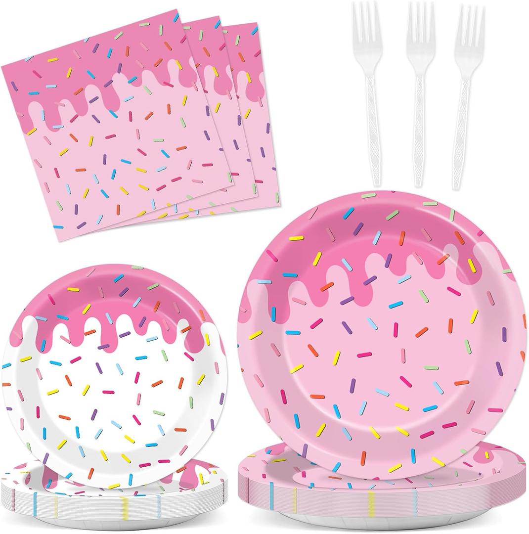 96Pcs Pink Donut Confetti Party Plates and Napkins Themed Decorations Summer Pink Donut Dessert Plates Donuts Tableware Set for 24 Guests Grow Up Themed Baby Shower Party Favors Supplies