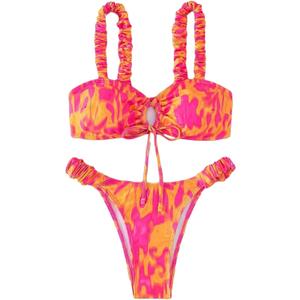 Falainetee Women's Floral Print Bathing Suit Ruffle Trim Tie Back Swimsuit Bikini Set 2 Piece (Small, Red)