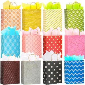 12 Pack 13" Large Kraft Paper Gift Bags Assortment with Tissue Paper & Handles, 12 Unique Solid & Geometric Pattern Designs for Birthdays, Anniversary, Father's Day, Holidays and Other Occasions