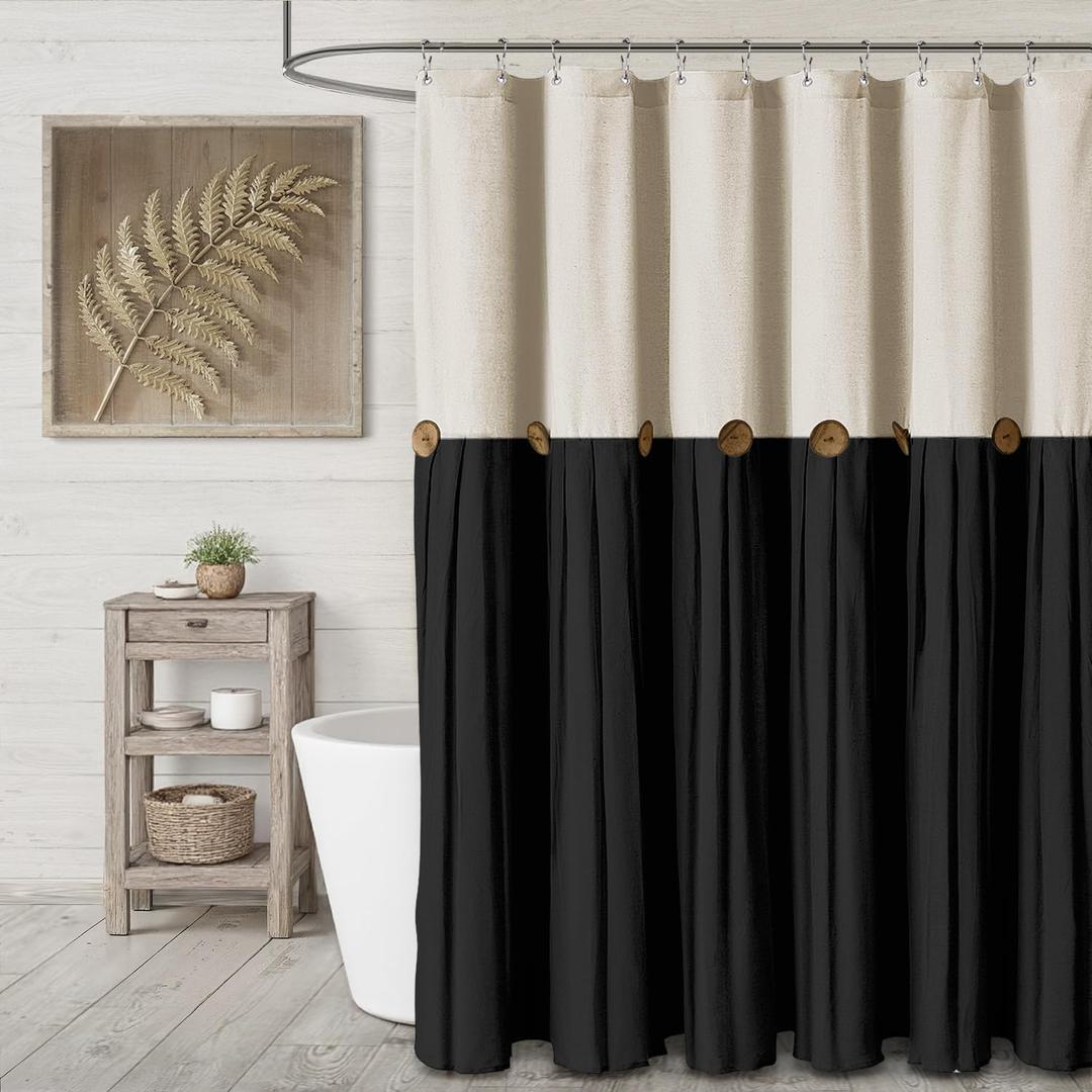 Farmhouse Shower Curtain Linen Button Woven Fabric Country Rustic Western, Cream & Black 72" W x 72" L