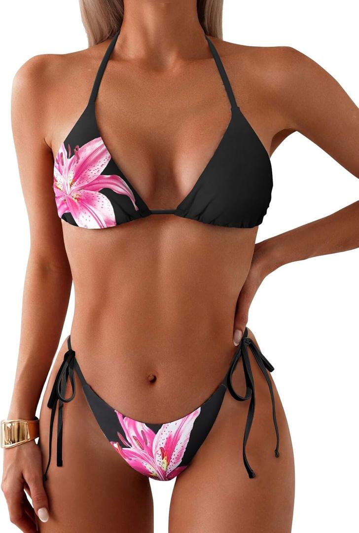 ZAFUL Triangle Bikini for Women 2 Piece Halter Bikini Sets Sexy High Cut Bathing Suit Side Tie Wave Textured Swimsuits (Medium, 1-black Flower)