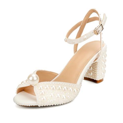 Goolita Pearl Heels For Women Mid Block Ankle Strap Heeled Sandals Round Open Toe Party Evening Bridal Shoes For Wedding Size 6
