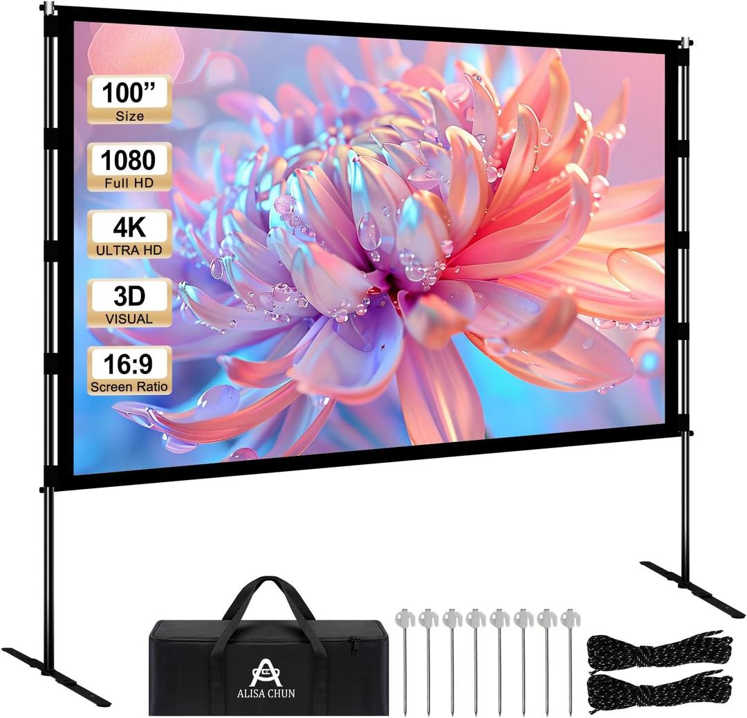 100 Inch Portable Projector Screen with Stand16:9 4K HD Anti-Crease Indoor Outdoor Projector Movie Screen with Carry Bag,Wind Rope & States,for Backyard Camping Travel Home Theater