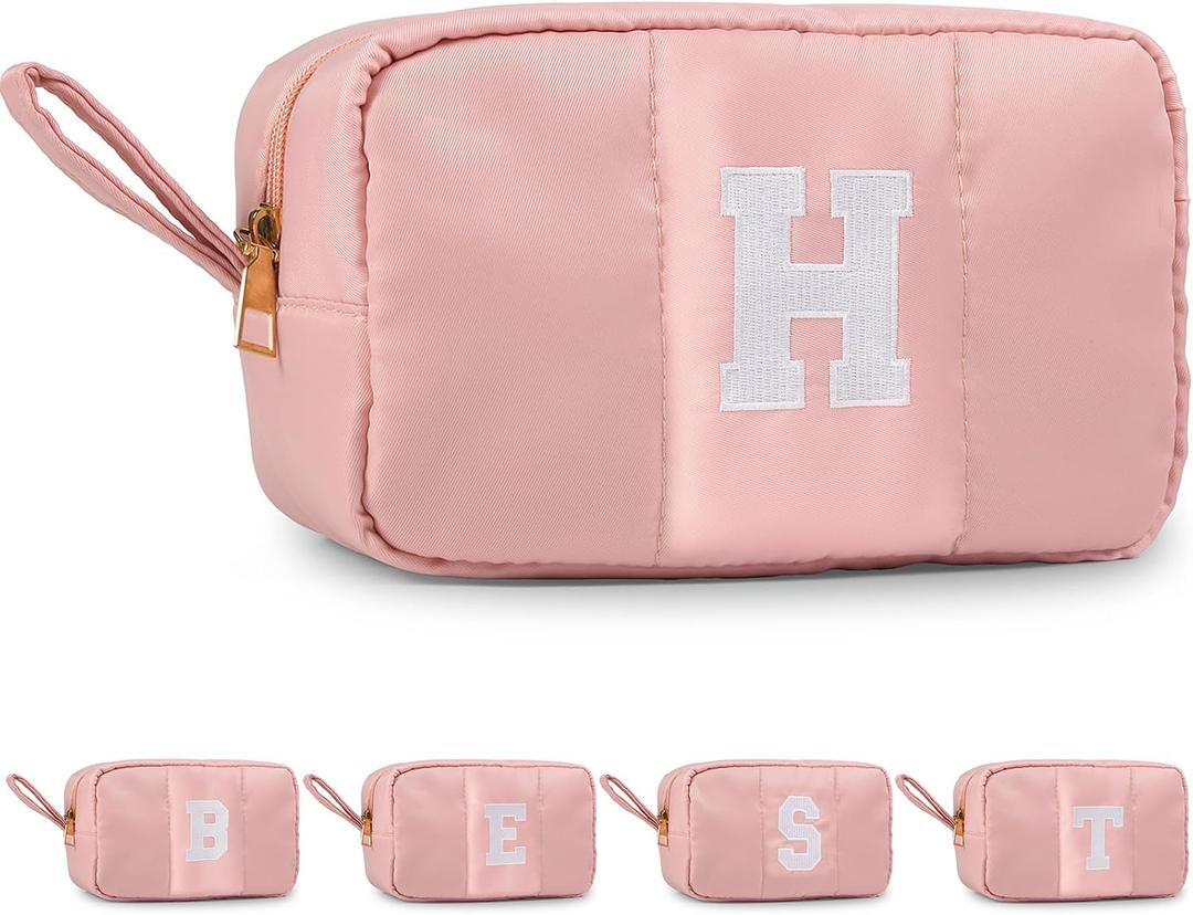 Puffy Makeup Bag for Women, Initial Cosmetic Bag, Cute Travel Toiletry Bag, Puffer Make Up Organizer Bags with Compartments, Personalized Gifts for Girlfriend Bridesmaid Teacher Graduation (Pink, H)