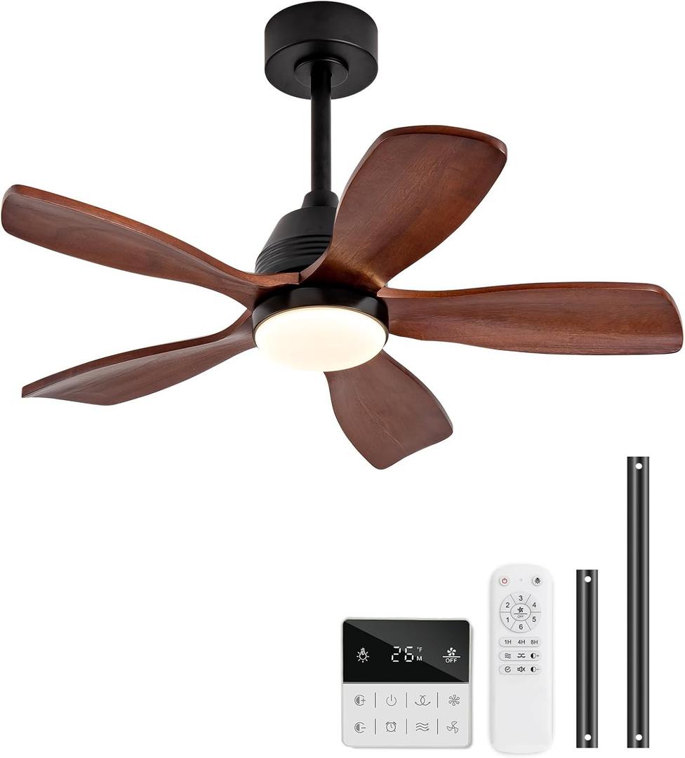 36 Inch Ceiling Fans with Lights and Remote, 5 Blades Wood Ceiling Fan with Light, Dimmable, Wall Switch, Reversible DC Motor, Modern Indoor Outdoor Ceiling Fans for Patios Bedroom