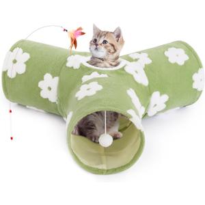 Tempcore Flannel Pet Cat Tunnel Tube Cat Toys 3 Way Collapsible, Cat Tunnels for Indoor CatsKitty Tunnel Bored Pet Toys Peek Hole Toy Ball Puppy, Kitty, Kitten, Rabbit Daisy Green
