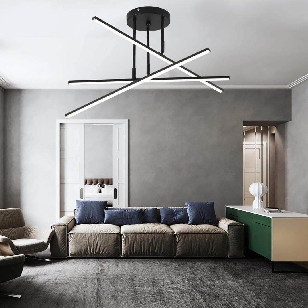 Black LED Chandelier, 3-Lights, Modern Semi Flush Mount, 3 Color Temperatures, Sputnik Fixture for Living Room, Kitchen, Bedroom, Foyer